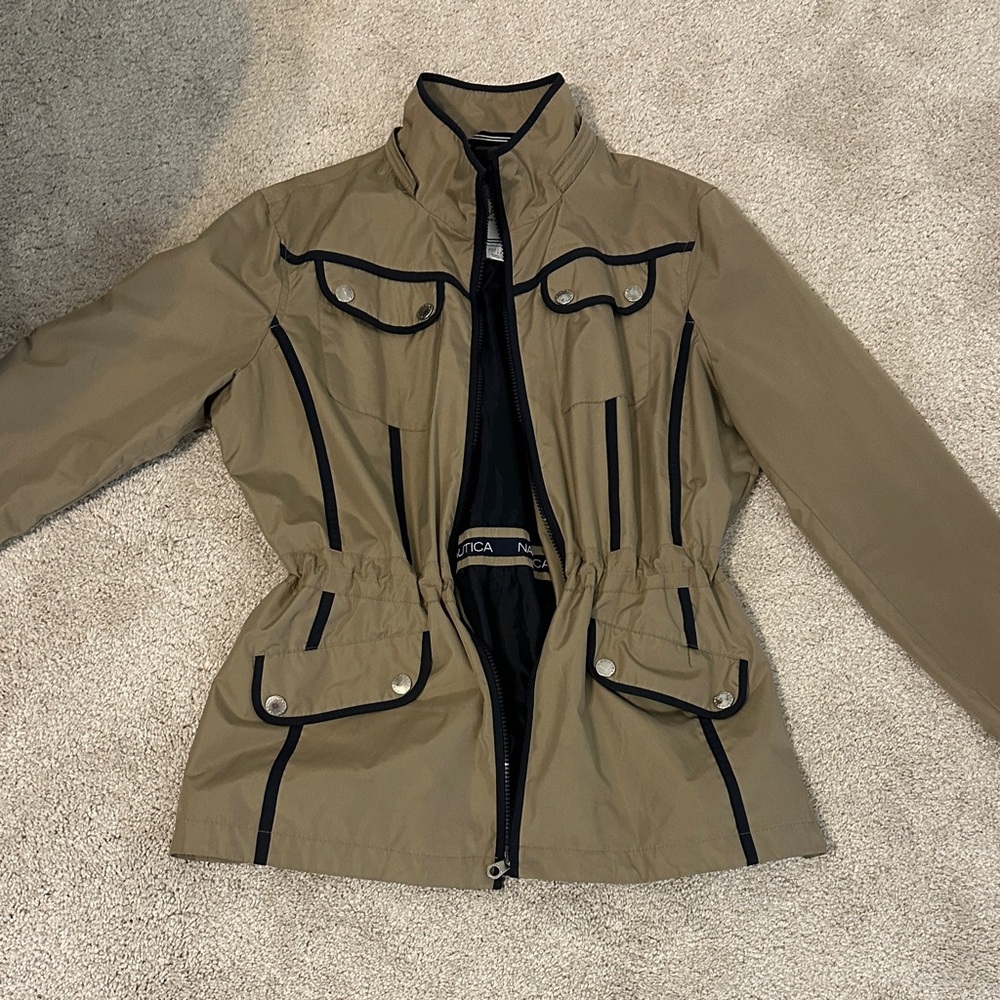 Nautica Women's Rain Jacket in Tan with Black Accents